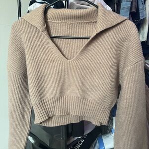 SHEIN Tan V-Neck Cropped Sweater